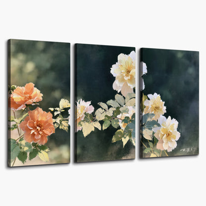 White and peach roses with green leaves against a deep blue-green background 3 piece canvas wall art on a white background