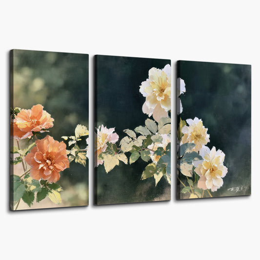 White and peach roses with green leaves against a deep blue-green background 3 piece canvas wall art on a white background