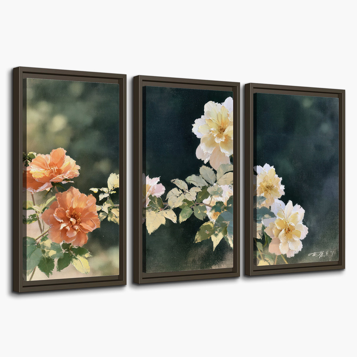 White and peach roses with green leaves against a deep blue-green background 3 piece framed canvas wall art on a white background