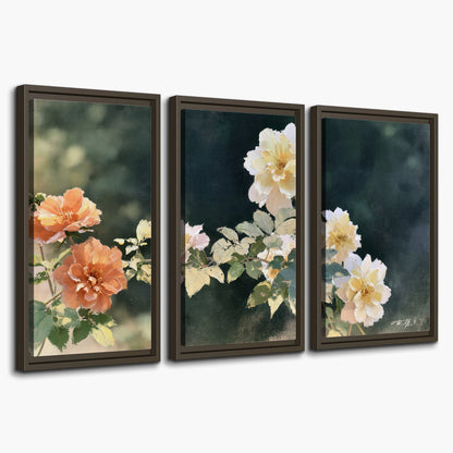White and peach roses with green leaves against a deep blue-green background 3 piece framed canvas wall art on a white background