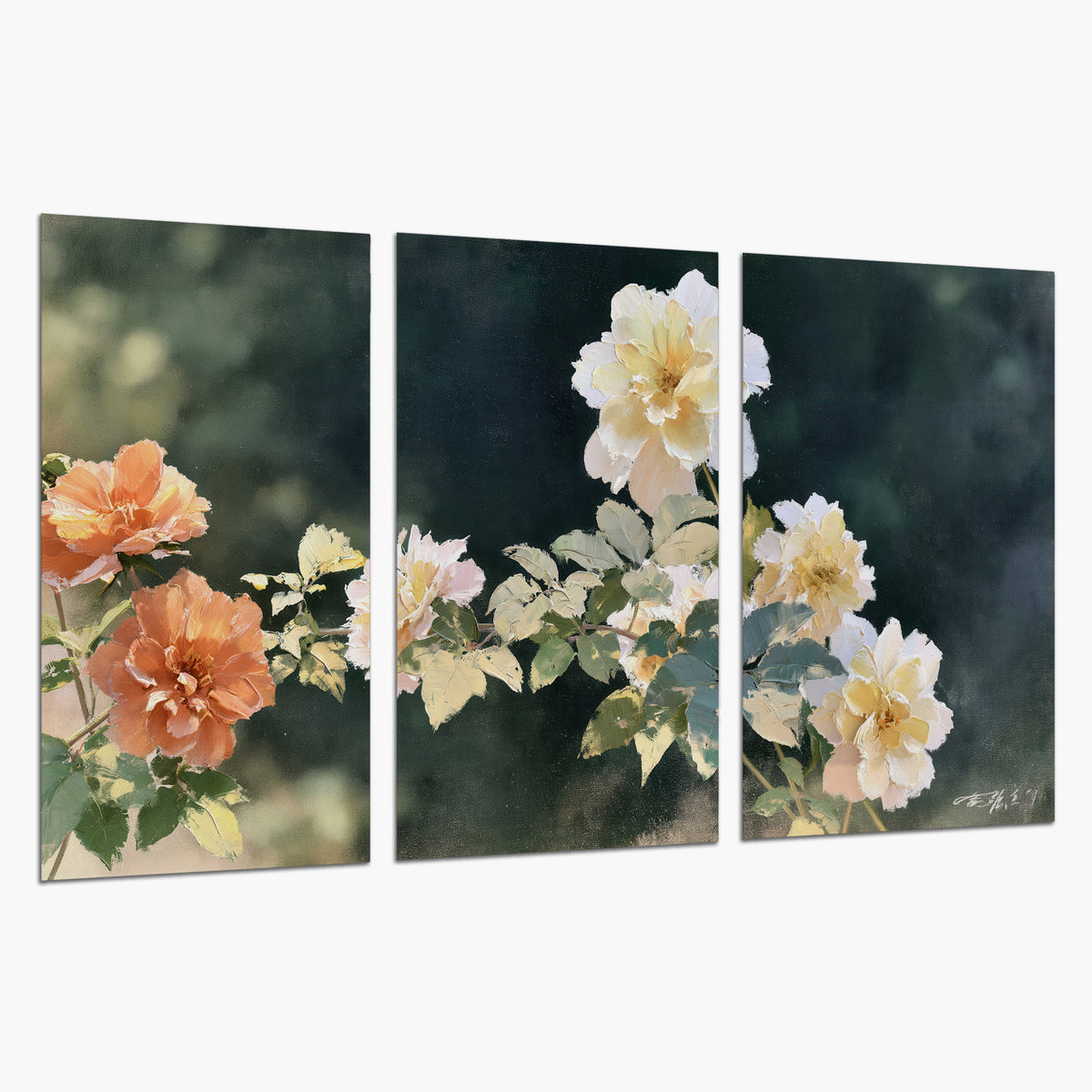 White and peach roses with green leaves against a deep blue-green background set of 3 poster prints on a white background
