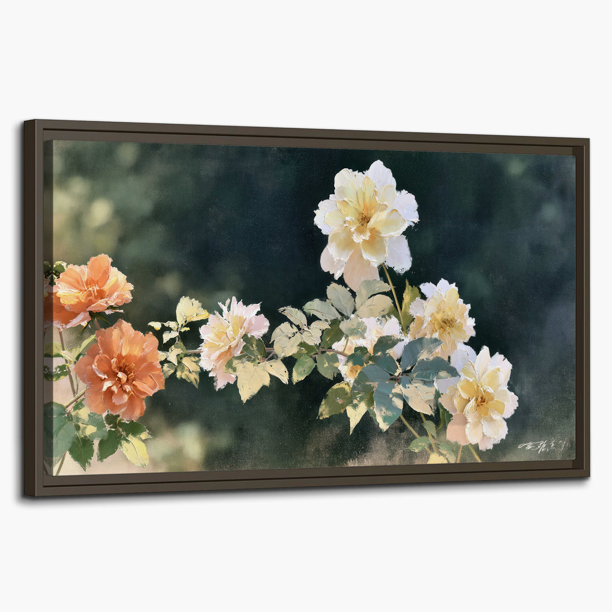 White and peach roses with green leaves against a deep blue-green background single framed canvas wall art on a white background