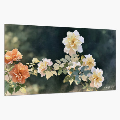 White and peach roses with green leaves against a deep blue-green background single poster print on a white background