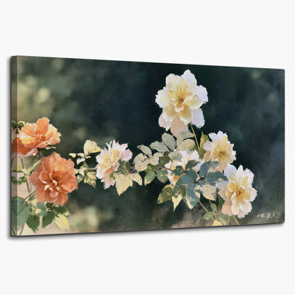 White and peach roses with green leaves against a deep blue-green background single canvas wall art on a white background