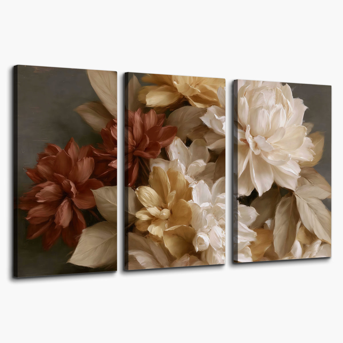 Full cream and rust-colored peonies in a softly shadowed still-life arrangement 3 piece canvas wall art on a white background