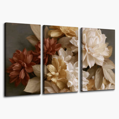 Full cream and rust-colored peonies in a softly shadowed still-life arrangement 3 piece canvas wall art on a white background