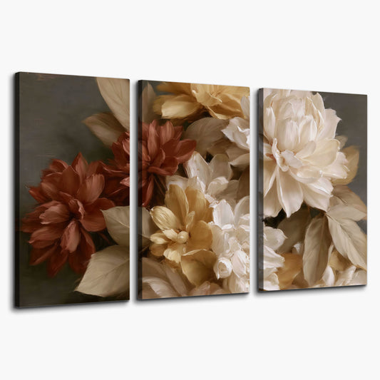 Full cream and rust-colored peonies in a softly shadowed still-life arrangement 3 piece canvas wall art on a white background