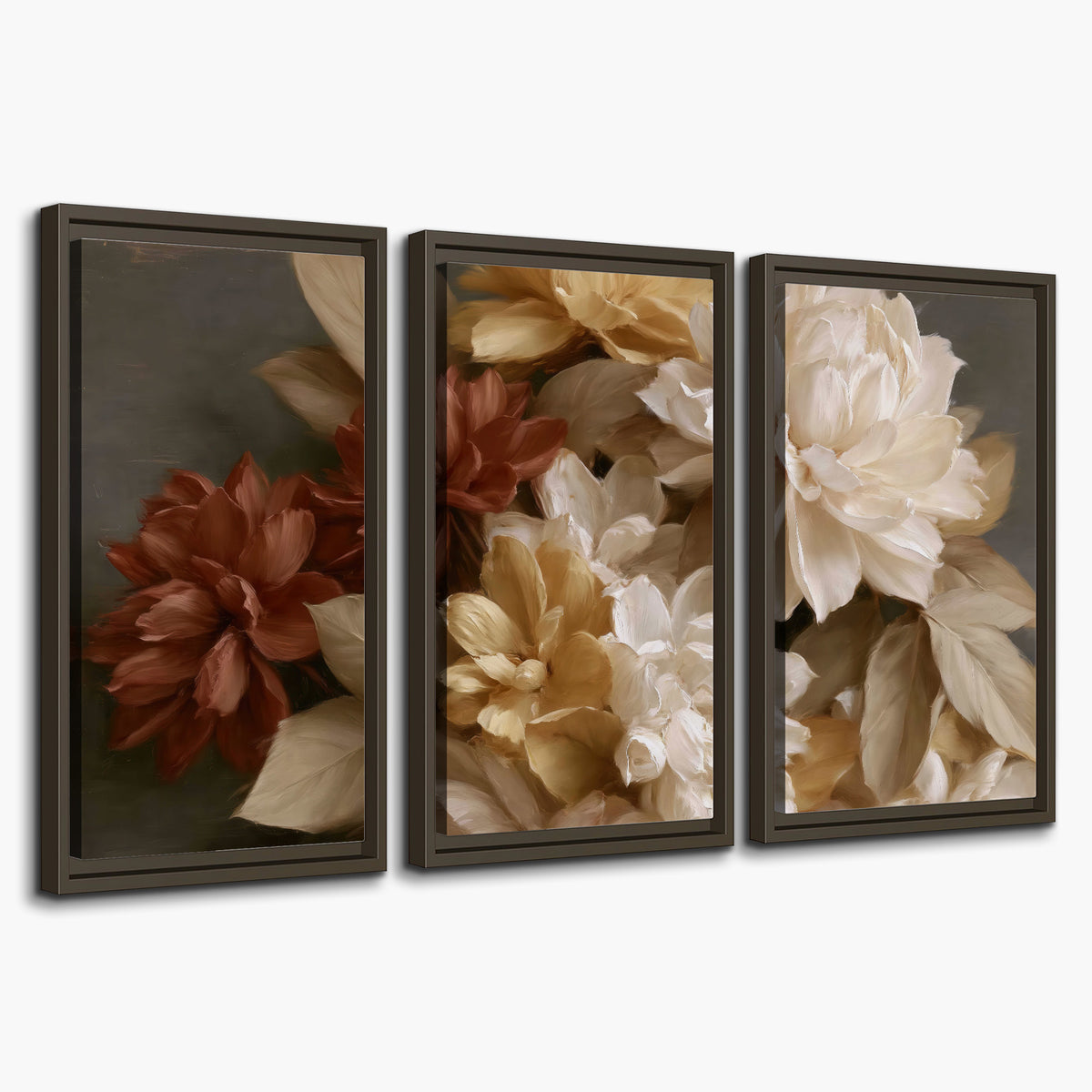 Full cream and rust-colored peonies in a softly shadowed still-life arrangement 3 piece framed canvas wall art on a white background