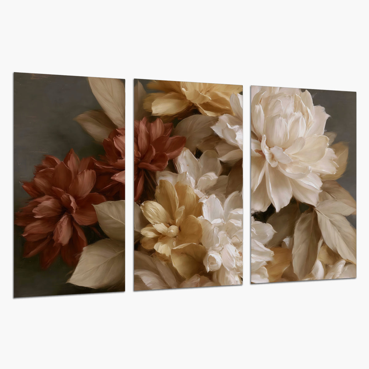 Full cream and rust-colored peonies in a softly shadowed still-life arrangement set of 3 poster prints on a white background