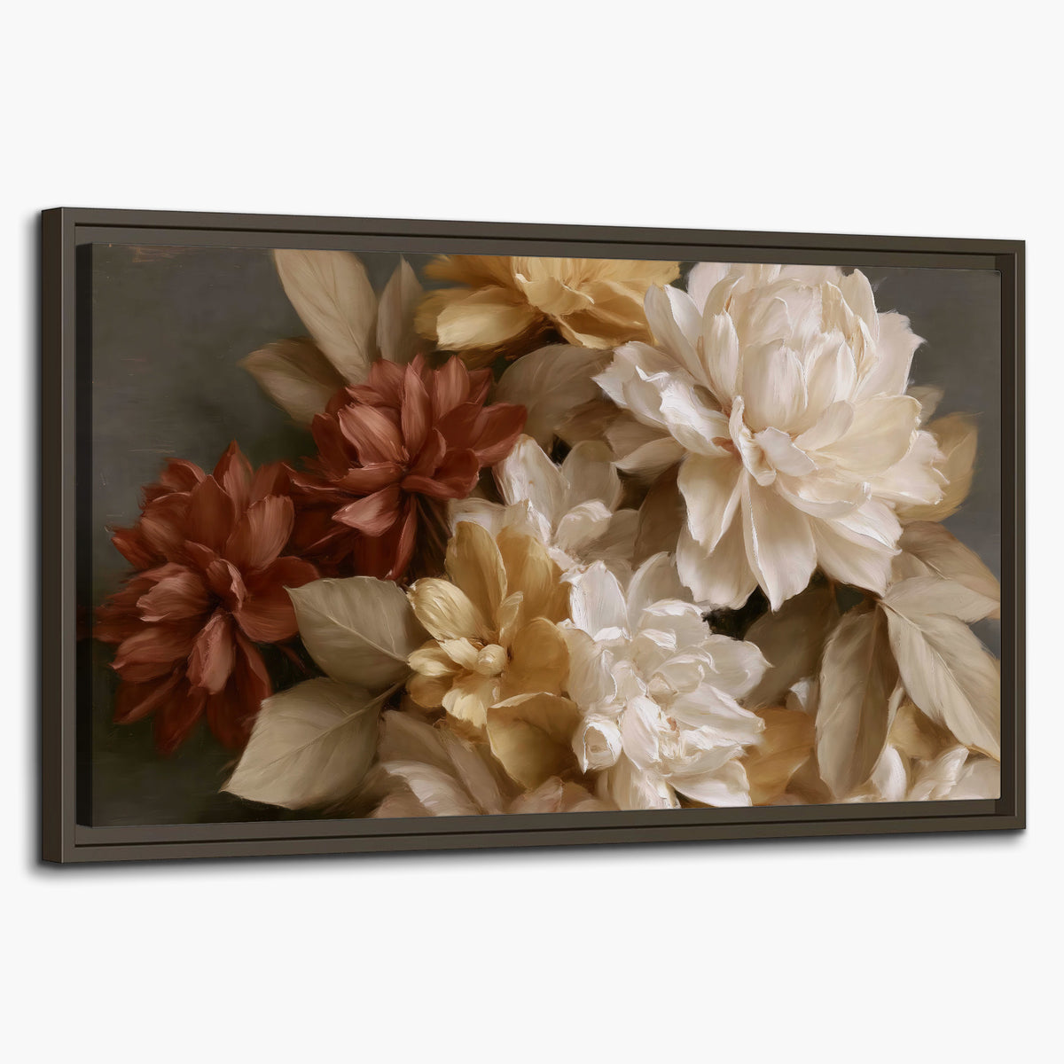 Full cream and rust-colored peonies in a softly shadowed still-life arrangement single framed canvas wall art on a white background