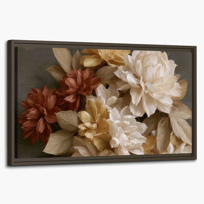 Full cream and rust-colored peonies in a softly shadowed still-life arrangement single framed canvas wall art on a white background