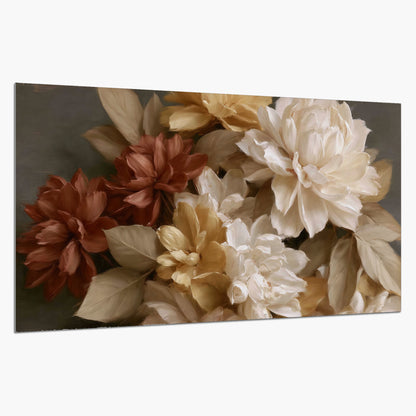 Full cream and rust-colored peonies in a softly shadowed still-life arrangement single poster print on a white background