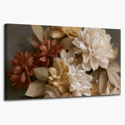Full cream and rust-colored peonies in a softly shadowed still-life arrangement single canvas wall art on a white background