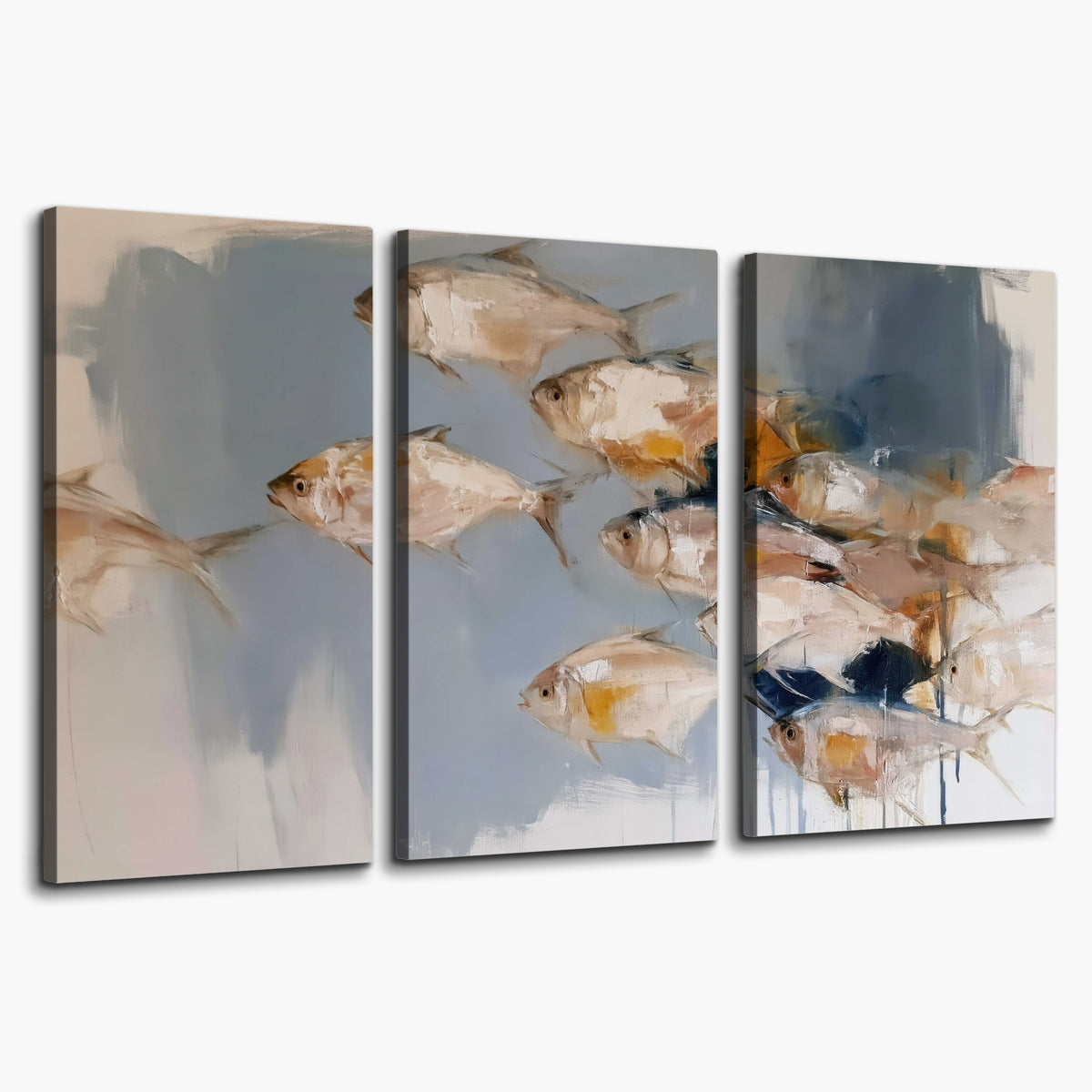 Small blue and golden fish moving across a pale layered abstract background 3 piece canvas wall art on a white background