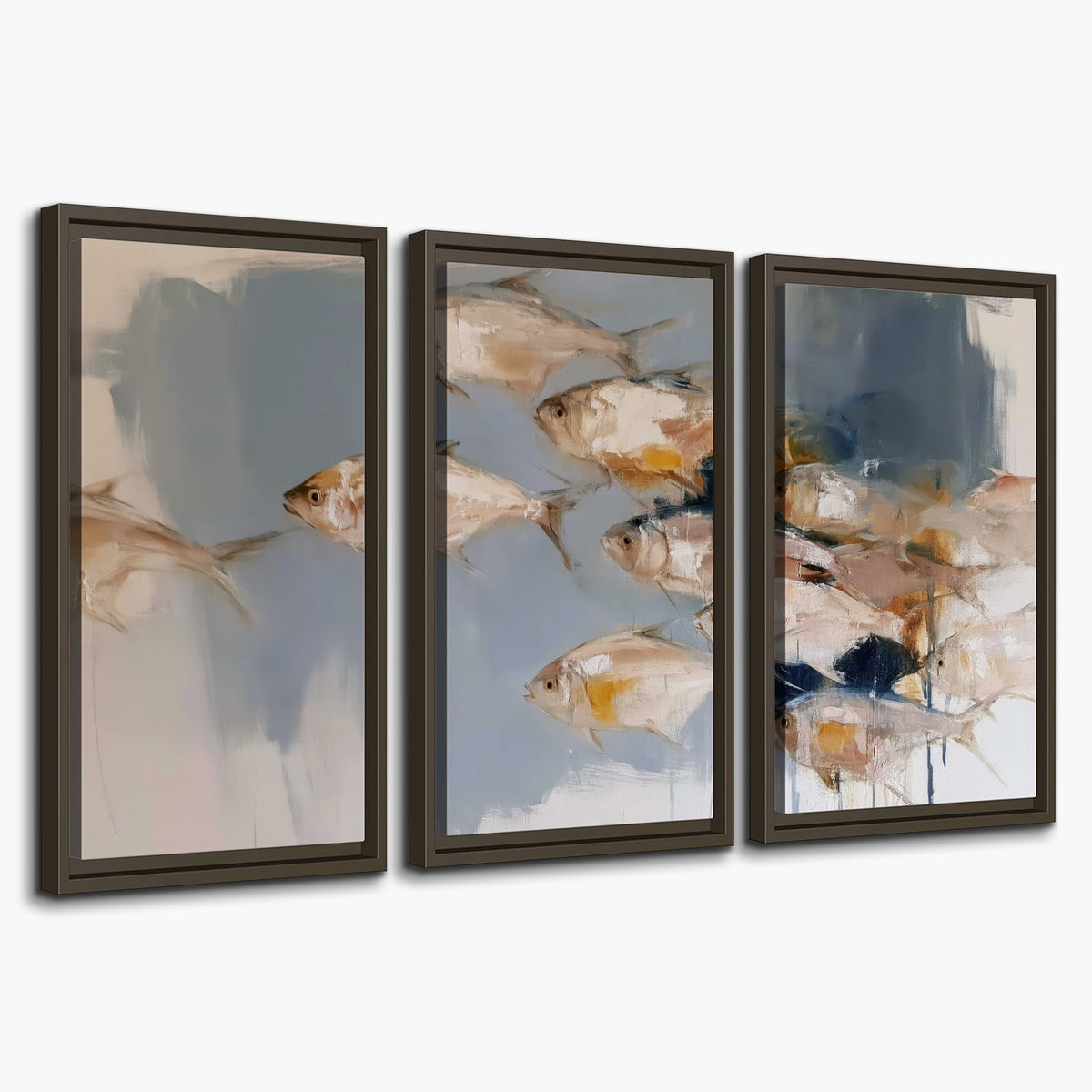 Small blue and golden fish moving across a pale layered abstract background 3 piece framed canvas wall art on a white background