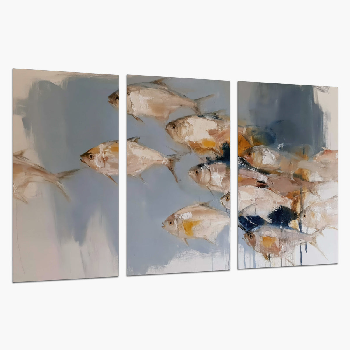 Small blue and golden fish moving across a pale layered abstract background set of 3 poster prints on a white background