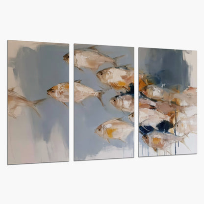 Small blue and golden fish moving across a pale layered abstract background set of 3 poster prints on a white background