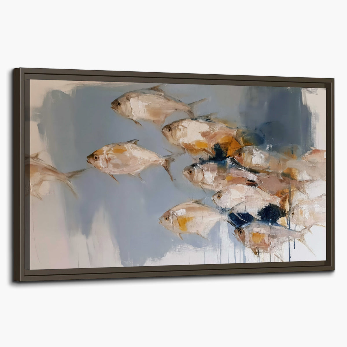 Small blue and golden fish moving across a pale layered abstract background single framed canvas wall art on a white background
