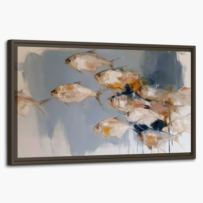 Small blue and golden fish moving across a pale layered abstract background single framed canvas wall art on a white background