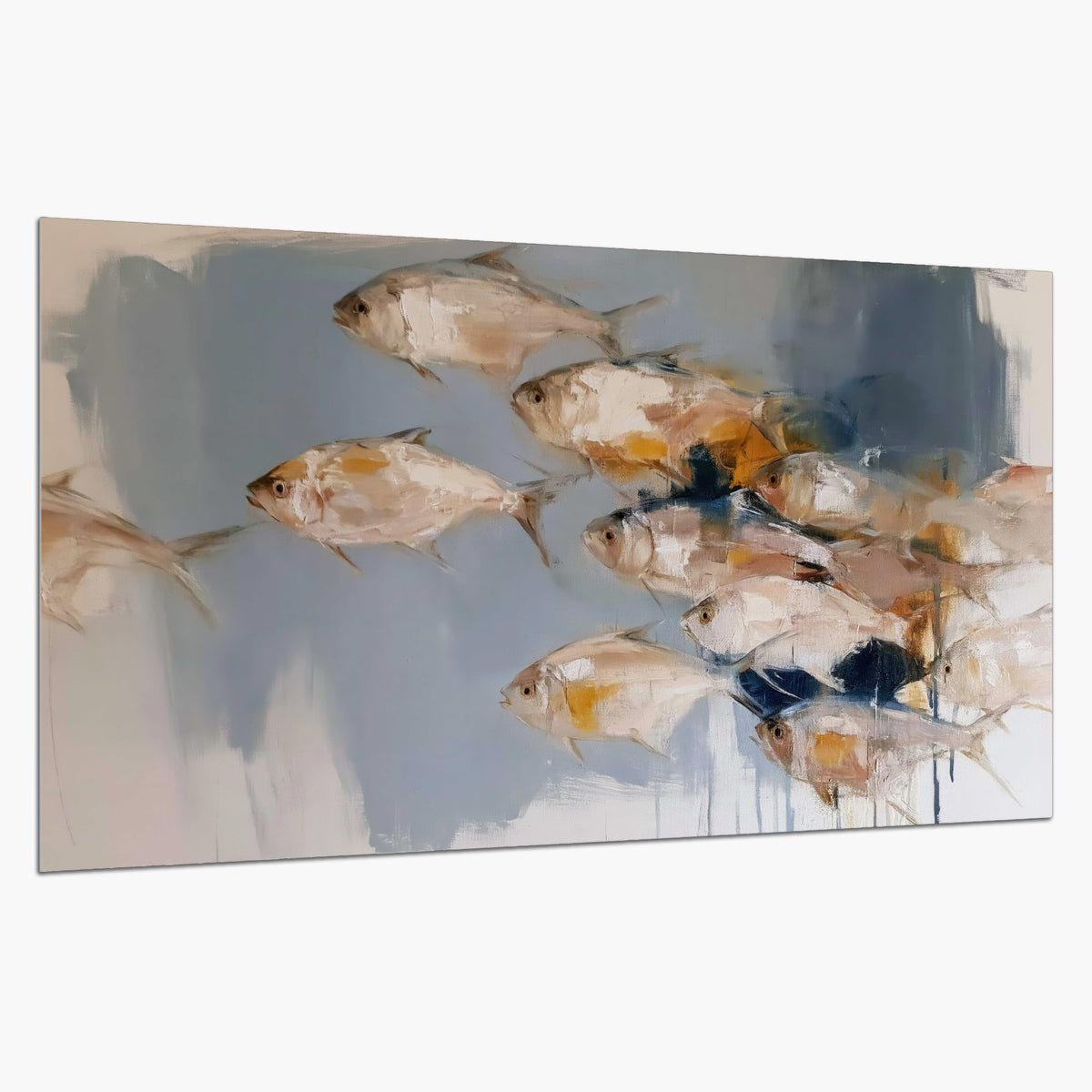 Small blue and golden fish moving across a pale layered abstract background single poster print on a white background