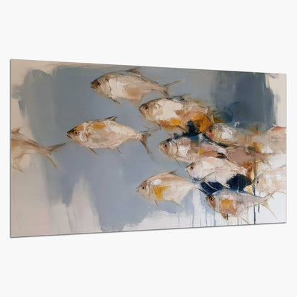 Small blue and golden fish moving across a pale layered abstract background single poster print on a white background