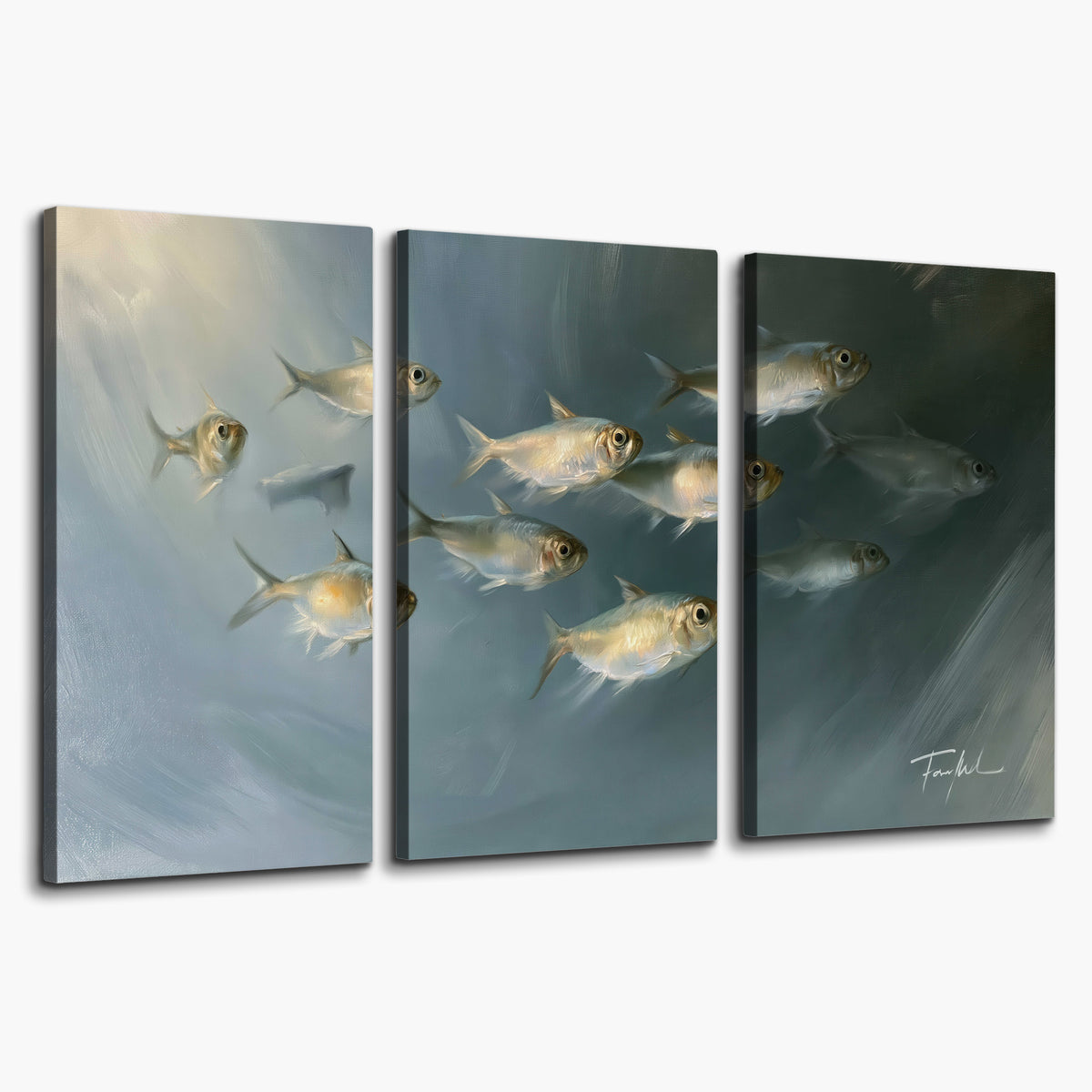 A small school of pale golden fish swimming across dark blue-green water 3 piece canvas wall art on a white background