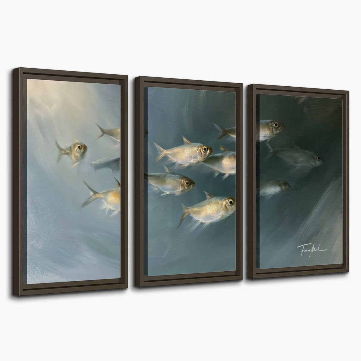 A small school of pale golden fish swimming across dark blue-green water 3 piece framed canvas wall art on a white background