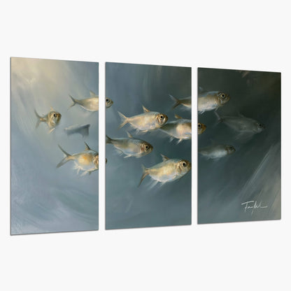 A small school of pale golden fish swimming across dark blue-green water set of 3 poster prints on a white background