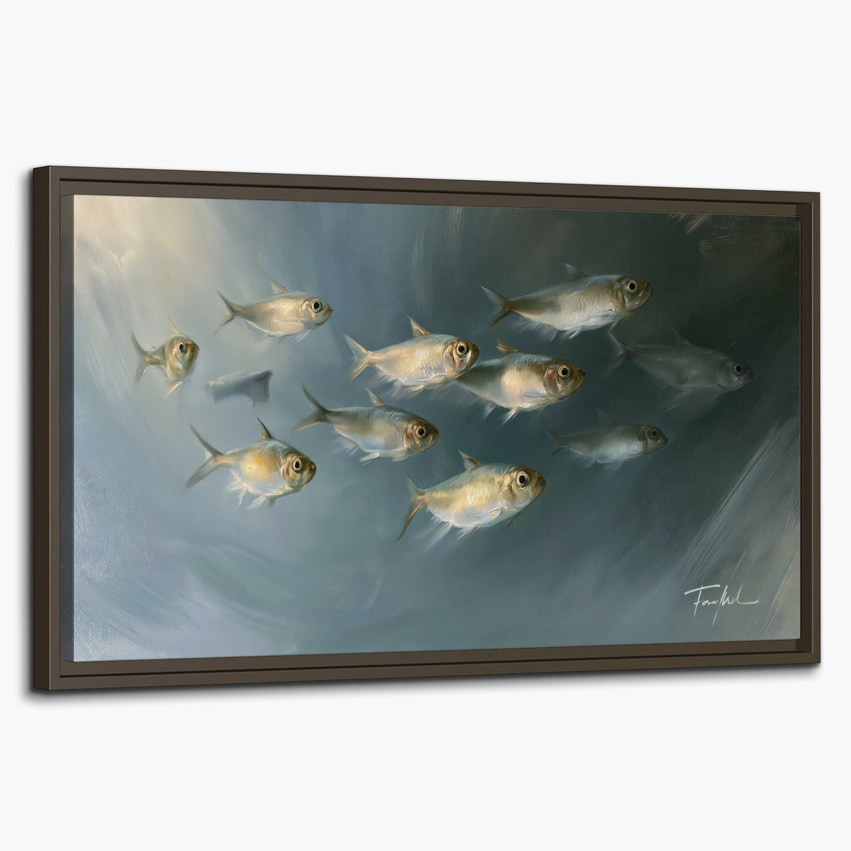 A small school of pale golden fish swimming across dark blue-green water single framed canvas wall art on a white background