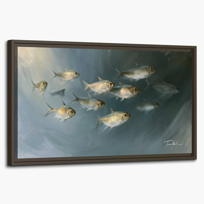 A small school of pale golden fish swimming across dark blue-green water single framed canvas wall art on a white background