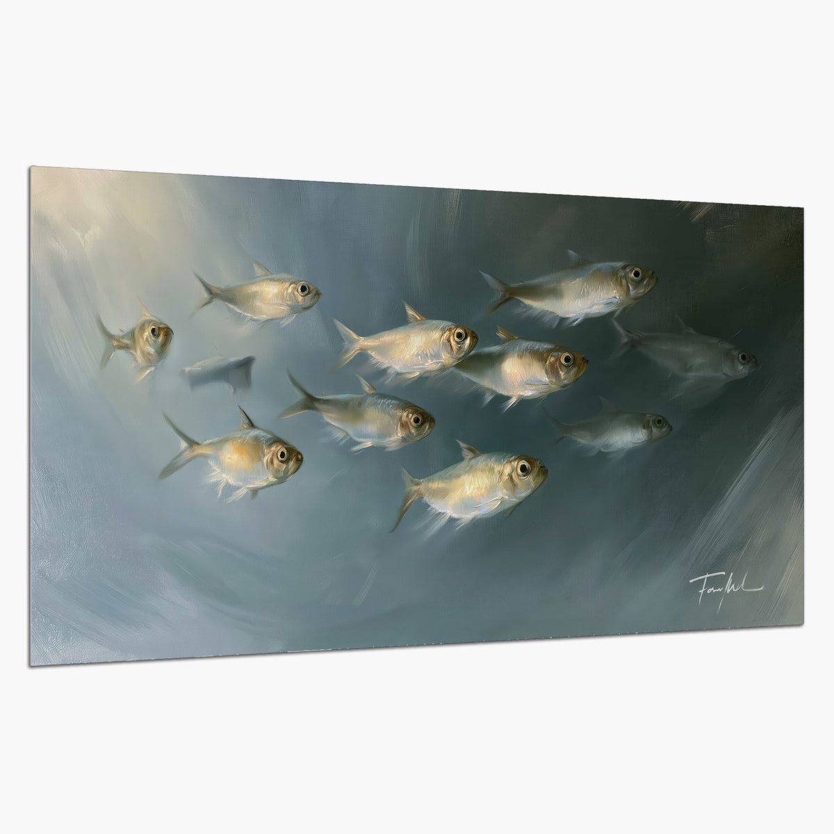 A small school of pale golden fish swimming across dark blue-green water single poster print on a white background