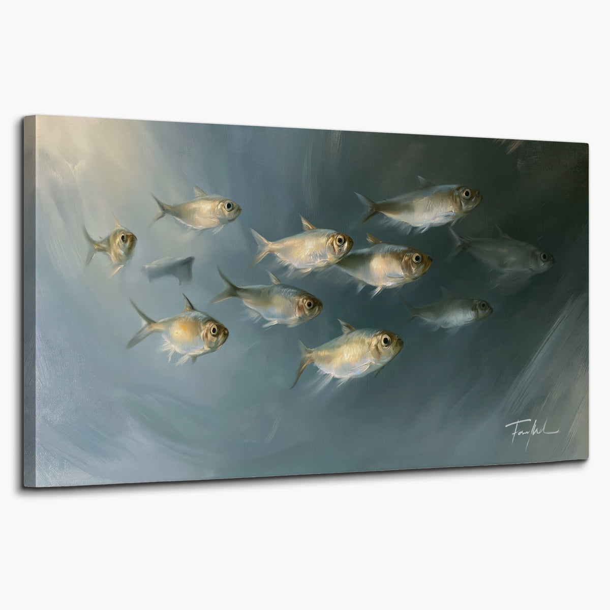 A small school of pale golden fish swimming across dark blue-green water single canvas wall art on a white background