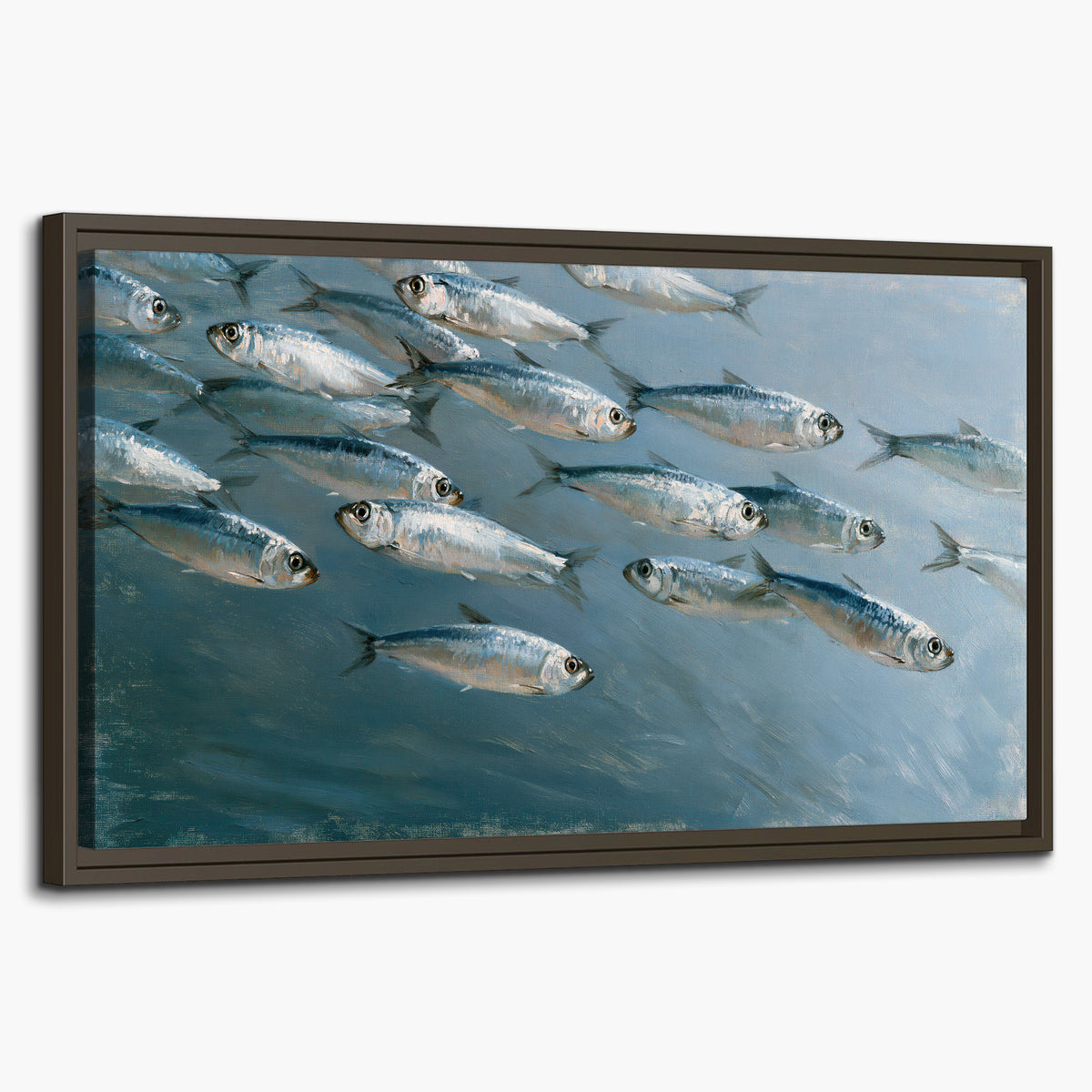 A school of silver fish moving together through cool blue water single framed canvas wall art on a white background