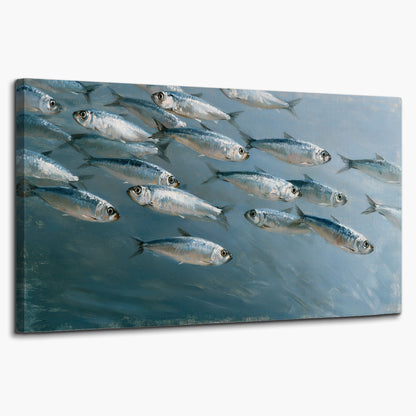 A school of silver fish moving together through cool blue water single canvas wall art on a white background