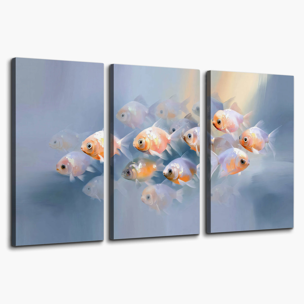 Rounded peach and gold fish floating in a softly lit blue underwater scene 3 piece canvas wall art on a white background