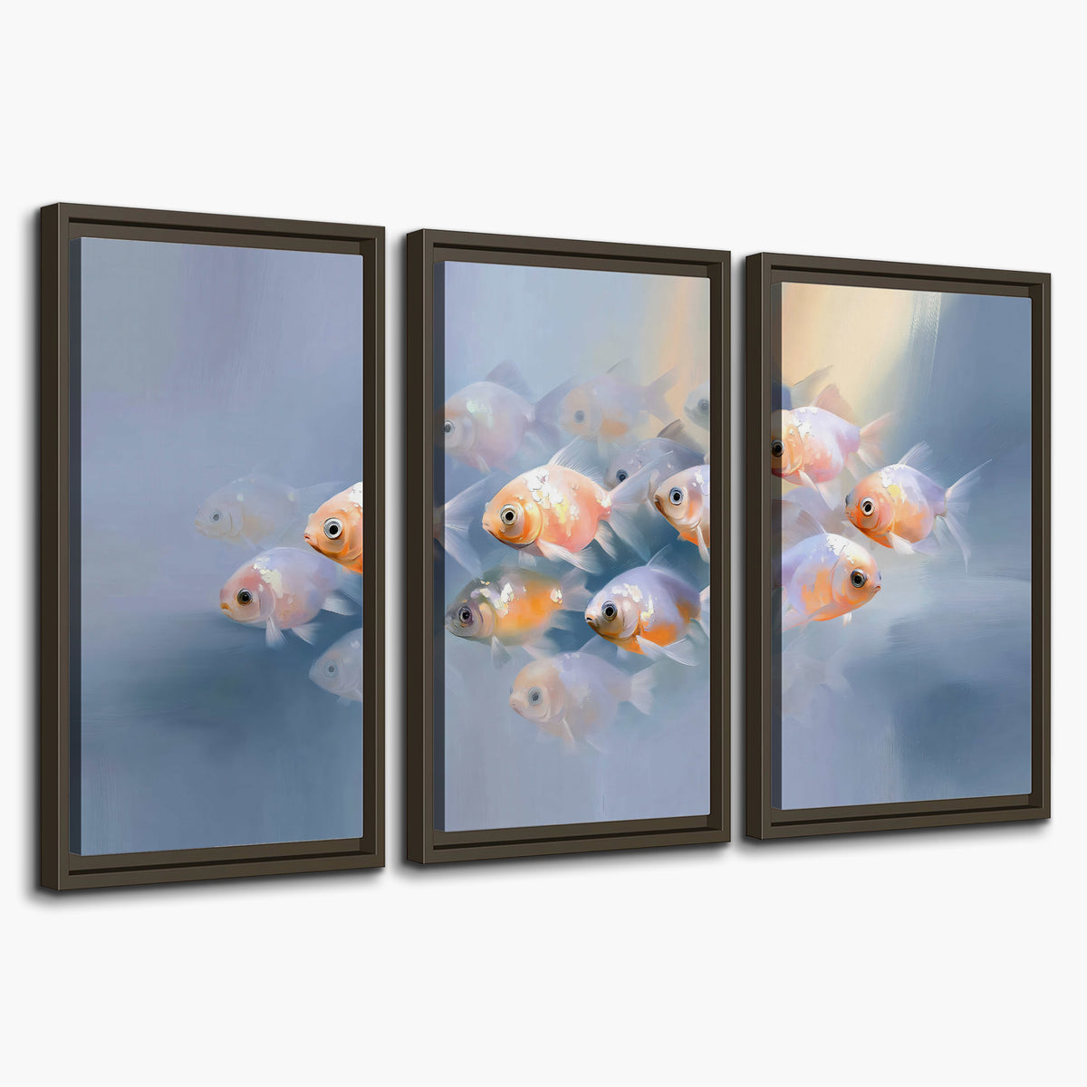 Rounded peach and gold fish floating in a softly lit blue underwater scene 3 piece framed canvas wall art on a white background