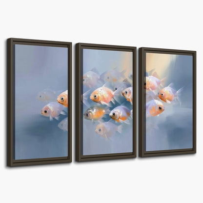 Rounded peach and gold fish floating in a softly lit blue underwater scene 3 piece framed canvas wall art on a white background