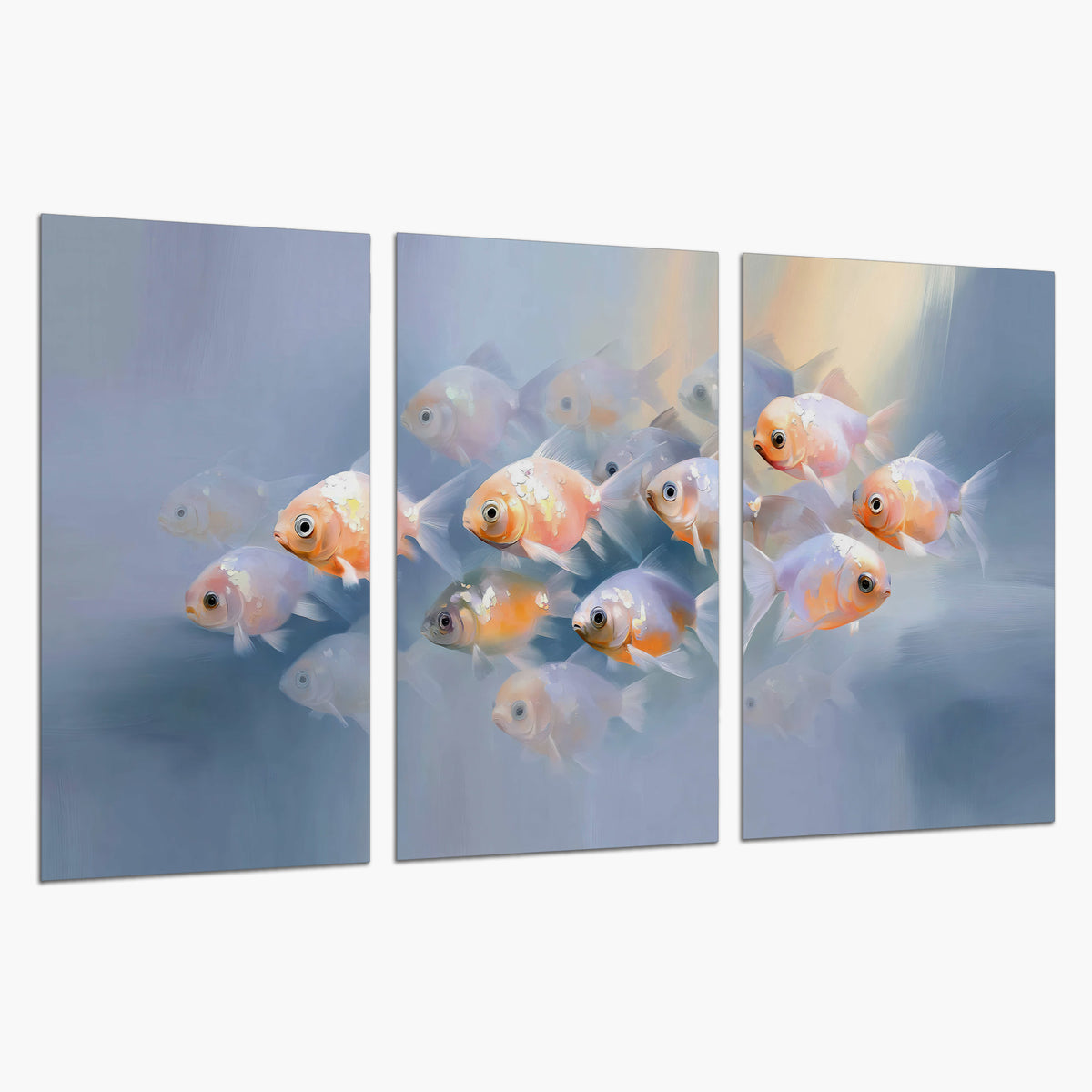 Rounded peach and gold fish floating in a softly lit blue underwater scene set of 3 poster prints on a white background