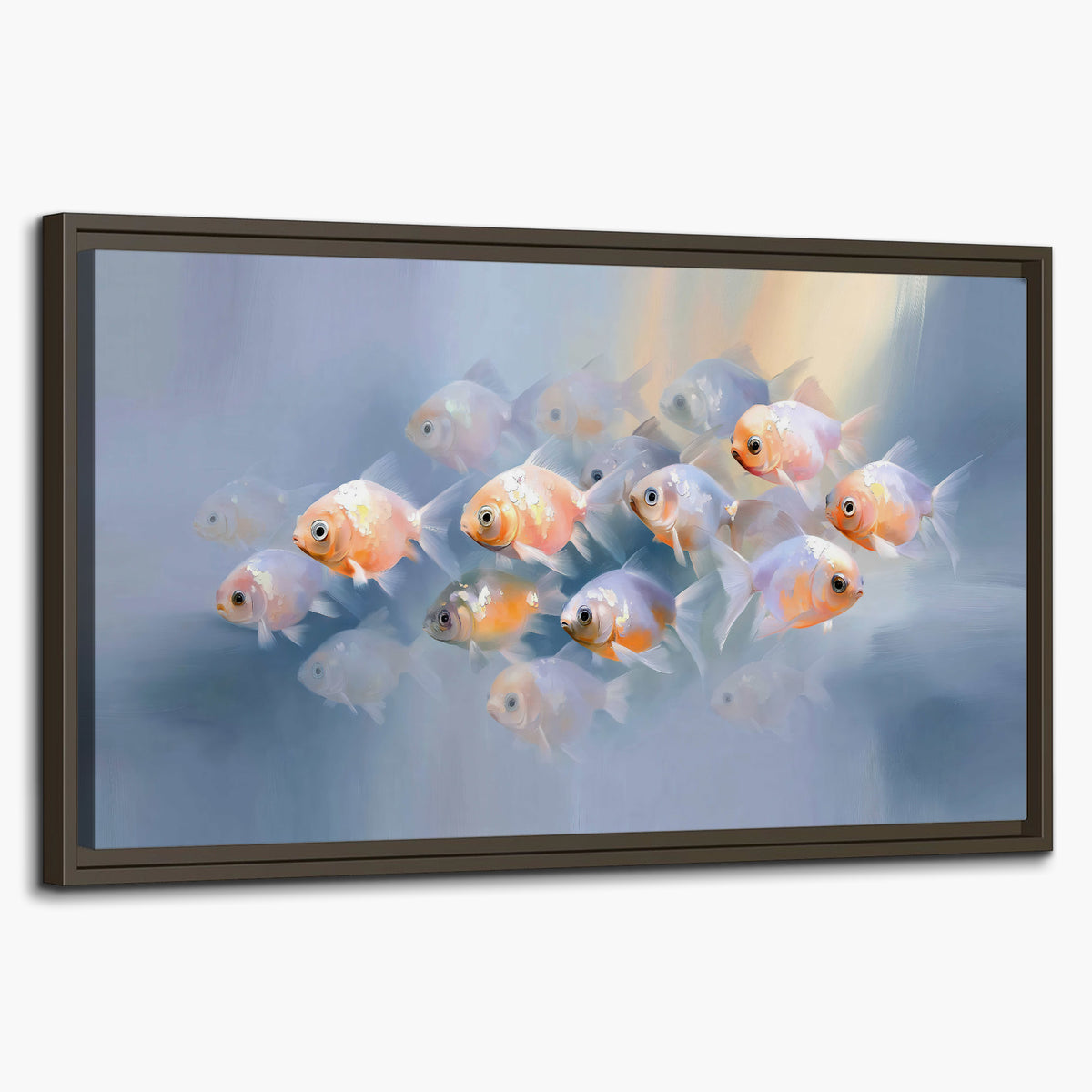 Rounded peach and gold fish floating in a softly lit blue underwater scene single framed canvas wall art on a white background