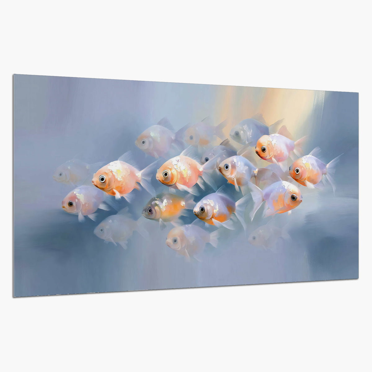 Rounded peach and gold fish floating in a softly lit blue underwater scene single poster print on a white background