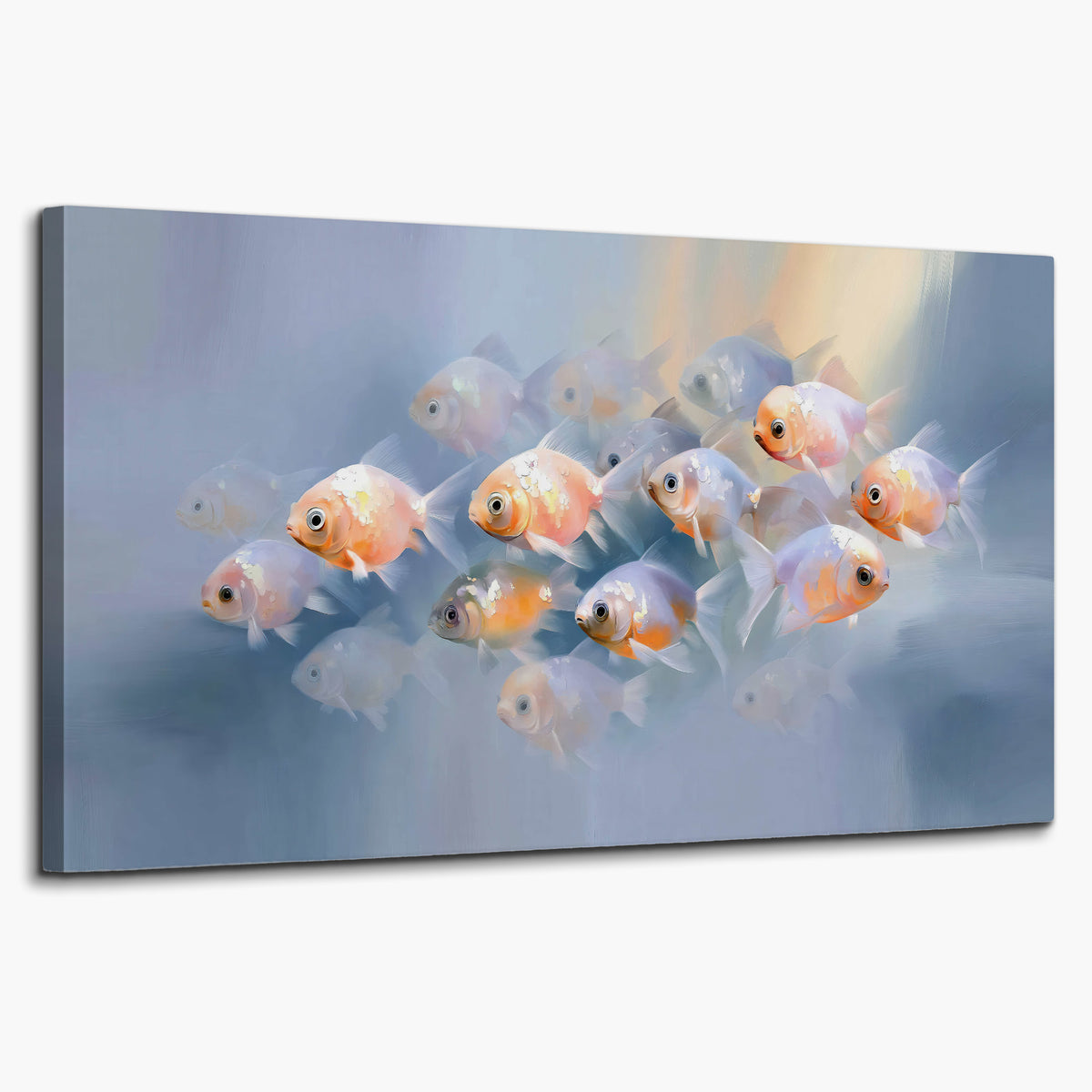 Rounded peach and gold fish floating in a softly lit blue underwater scene single canvas wall art on a white background