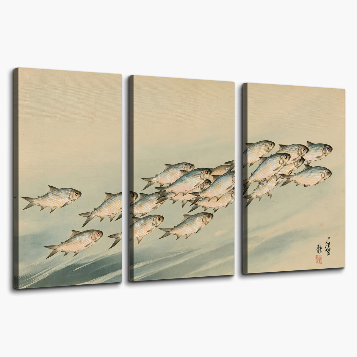 A flowing school of small fish above pale blue water on a cream ground 3 piece canvas wall art on a white background
