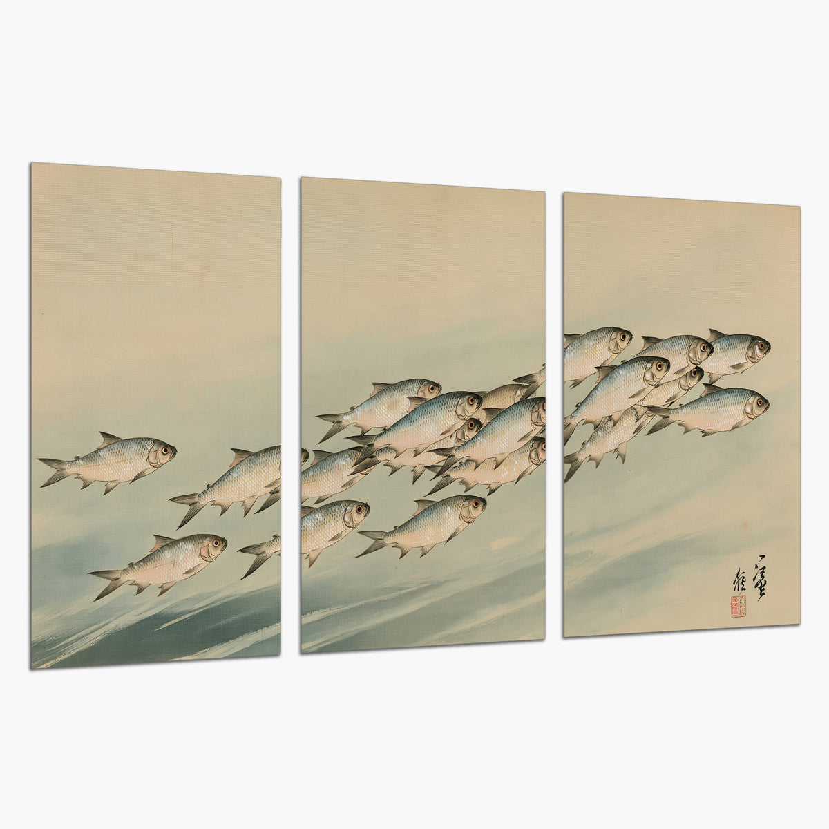 A flowing school of small fish above pale blue water on a cream ground set of 3 poster prints on a white background
