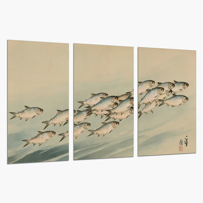 A flowing school of small fish above pale blue water on a cream ground set of 3 poster prints on a white background