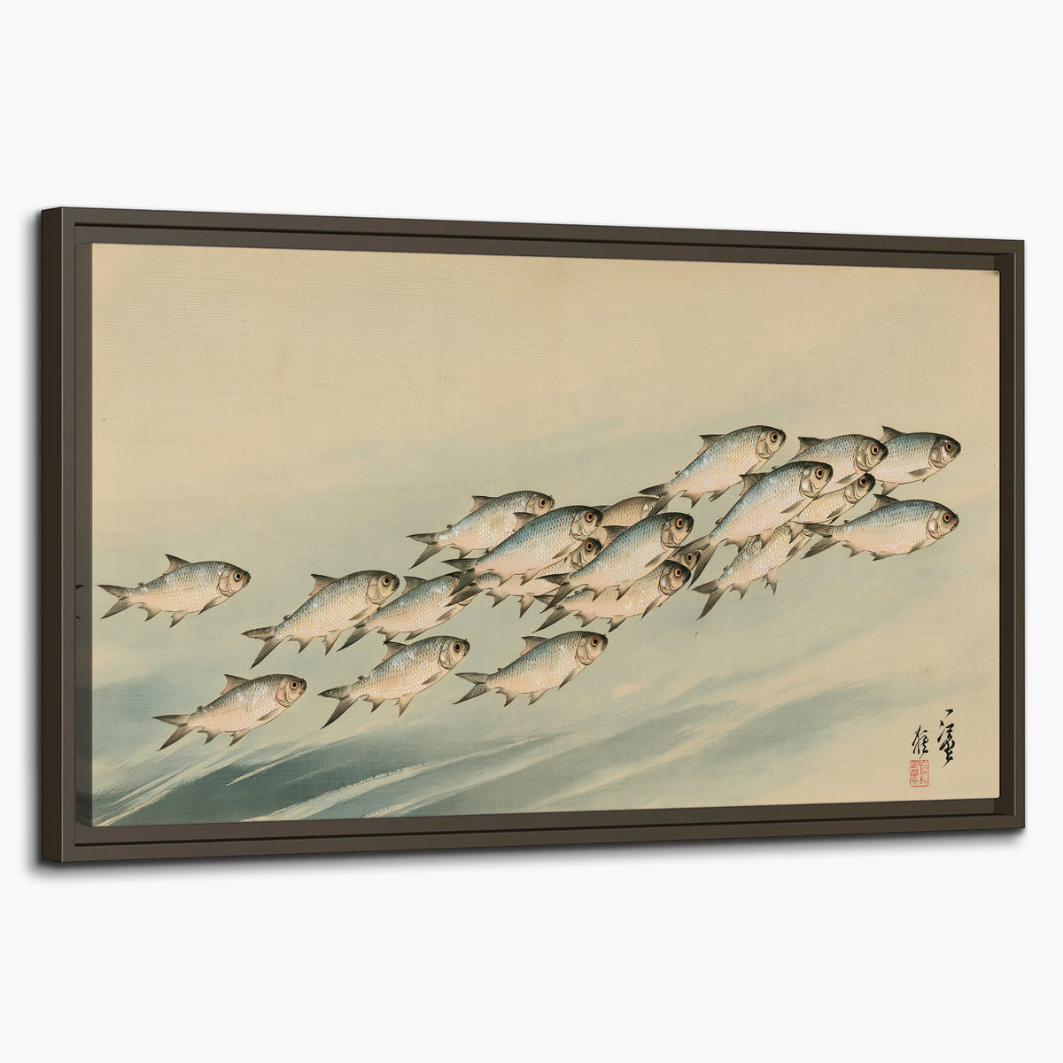 A flowing school of small fish above pale blue water on a cream ground single framed canvas wall art on a white background