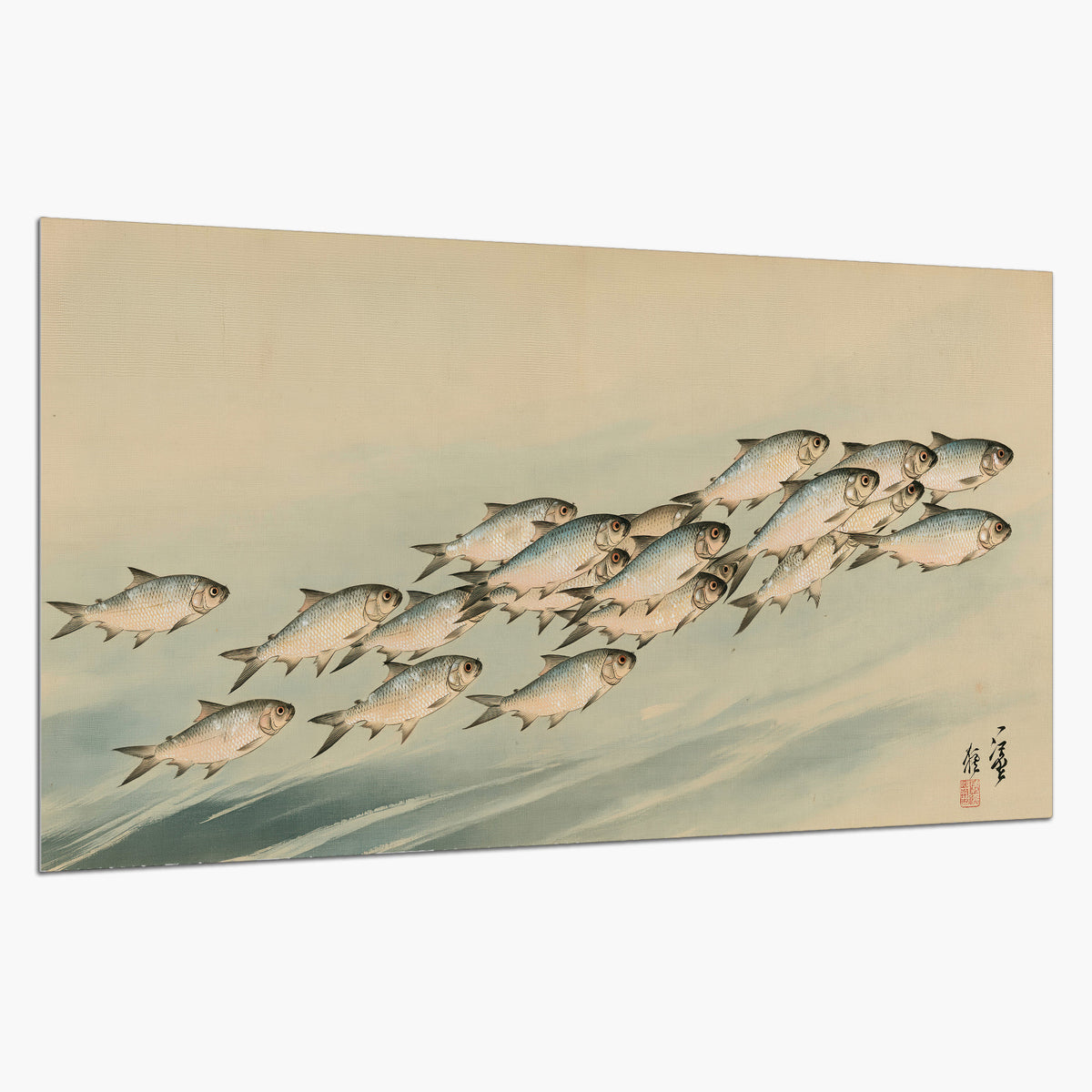 A flowing school of small fish above pale blue water on a cream ground single poster print on a white background