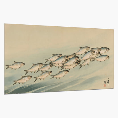 A flowing school of small fish above pale blue water on a cream ground single poster print on a white background
