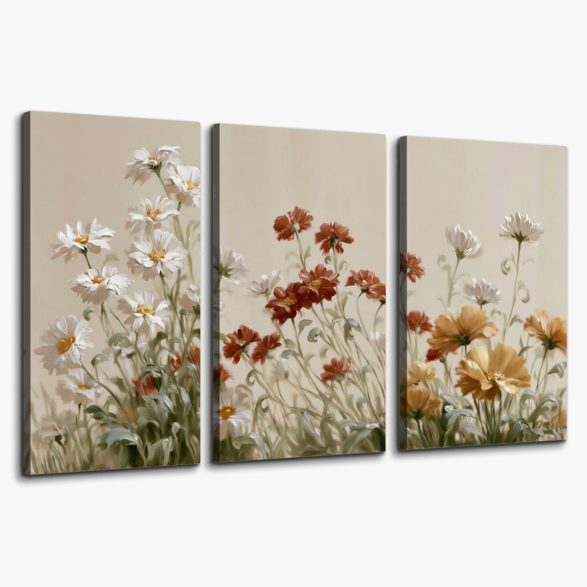 Loose ivory, rust and golden wildflowers on a soft neutral background 3 piece canvas wall art on a white background