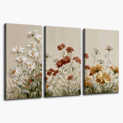 Loose ivory, rust and golden wildflowers on a soft neutral background 3 piece canvas wall art on a white background