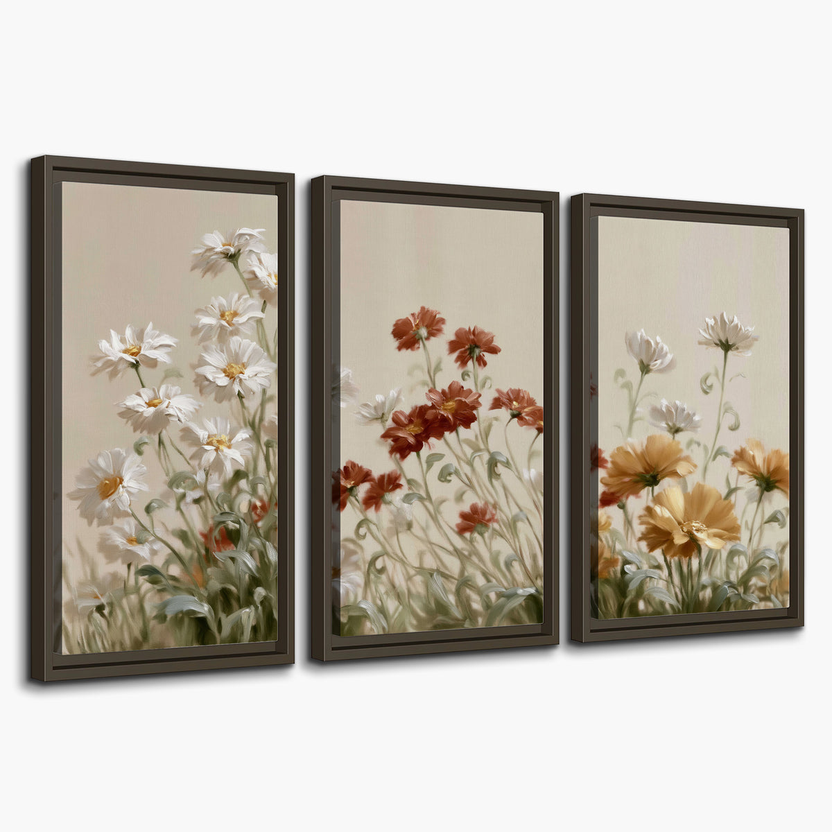 Loose ivory, rust and golden wildflowers on a soft neutral background 3 piece framed canvas wall art on a white background
